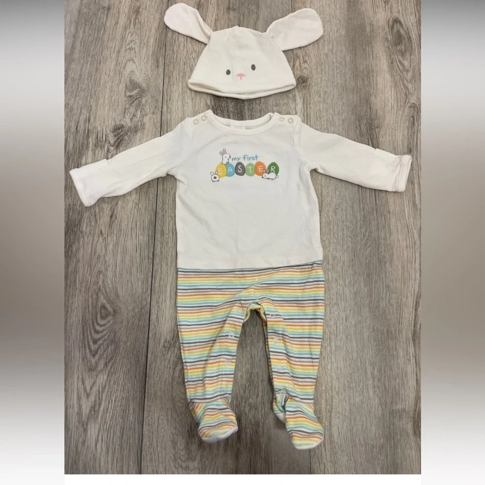 Gymboree 0-3 Months My First Easter Pastel Stripe Outfit And Bunny Hat
